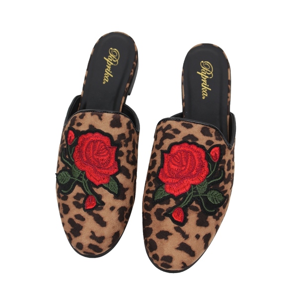 Shoes - Cheetah Rose Embroidery Backless Slip On Loafer